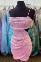 Dressystars Pink Homecoming Dress Sequin Cut Out Tight Short Prom Dress