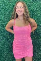 Dressystars Pink Homecoming Dress Sequin Open Back Tight Short Prom Dress