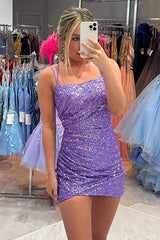 Dressystars Pink Homecoming Dress Sequin Spaghetti Straps Sleeveless Tight Short Prom Dress