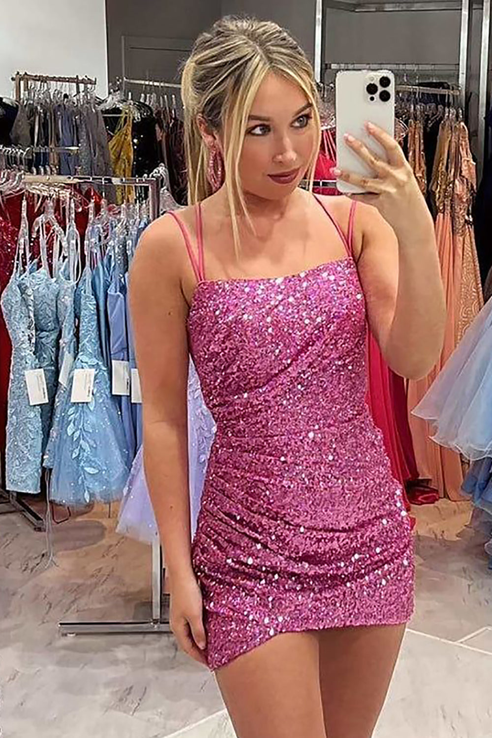 Dressystars Pink Homecoming Dress Sequin Spaghetti Straps Sleeveless Tight Short Prom Dress
