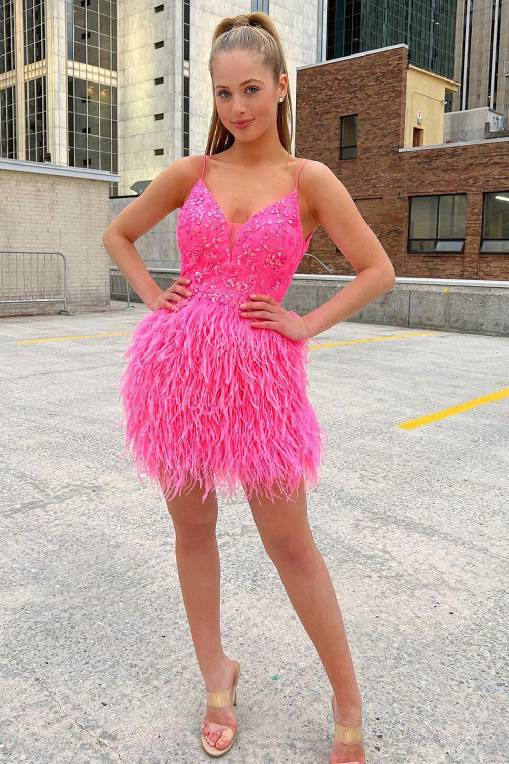 Dressystars Pink Homecoming Dress Sequin Tight Prom Dress with Feathers