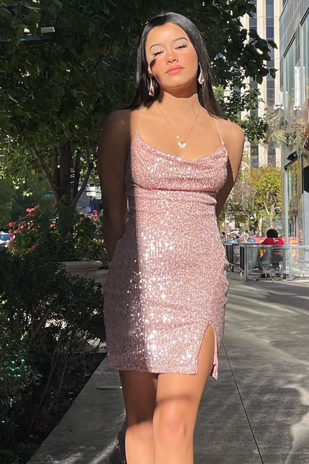 Dressystars Pink Homecoming Dress Sequin Tight Short Prom Dress with Slit