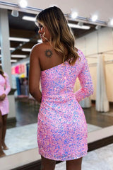 Dressystars Pink Homecoming Dress Sequined One Shoulder One Sleeve Tight Short Prom Dress with Slit