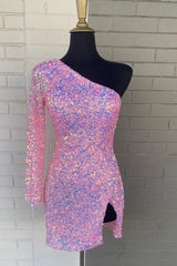 Dressystars Pink Homecoming Dress Sequined One Shoulder One Sleeve Tight Short Prom Dress with Slit