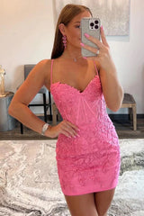 Dressystars Pink Homecoming Dress Spaghetti Straps Tight Short Prom Dress with Appliques