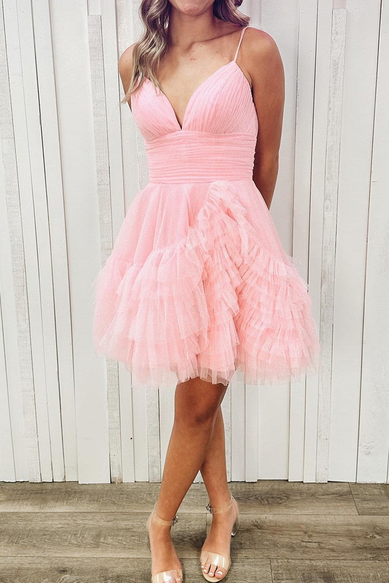 Dressystars Pink Homecoming Dress Spaghetti Straps Tulle Short Party Dress