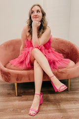 Dressystars Pink Homecoming Dress Strapless A-Line Tiered Tulle Short Prom Dress
