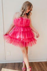 Dressystars Pink Homecoming Dress Strapless A-Line Tiered Tulle Short Prom Dress
