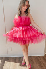 Dressystars Pink Homecoming Dress Strapless A-Line Tiered Tulle Short Prom Dress