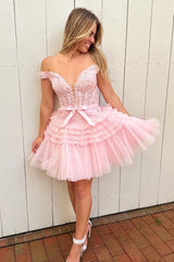 Dressystars Pink Homecoming Dress Tiered A-Line Tulle Short Prom Dress with Lace