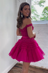 Dressystars Pink Homecoming Dress Tiered A-Line Tulle Short Prom Dress with Lace