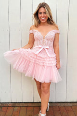 Dressystars Pink Homecoming Dress Tiered A-Line Tulle Short Prom Dress with Lace