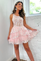 Dressystars Pink Homecoming Dress Tiered Lace One Shoulder Short Prom Dress