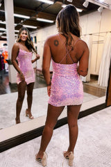 Dressystars Pink Homecoming Dress Tight Short Sequin Prom Dress with Slit