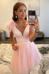 Dressystars Pink Homecoming Dress V-Neck A-Line Short Hoco Dress with Feathers
