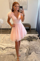 Dressystars Pink Homecoming Dress V-Neck A-Line Short Hoco Dress with Feathers