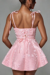 Dressystars Pink Jacquard Homecoming Dress Satin Spaghetti Straps Short Party Dress
