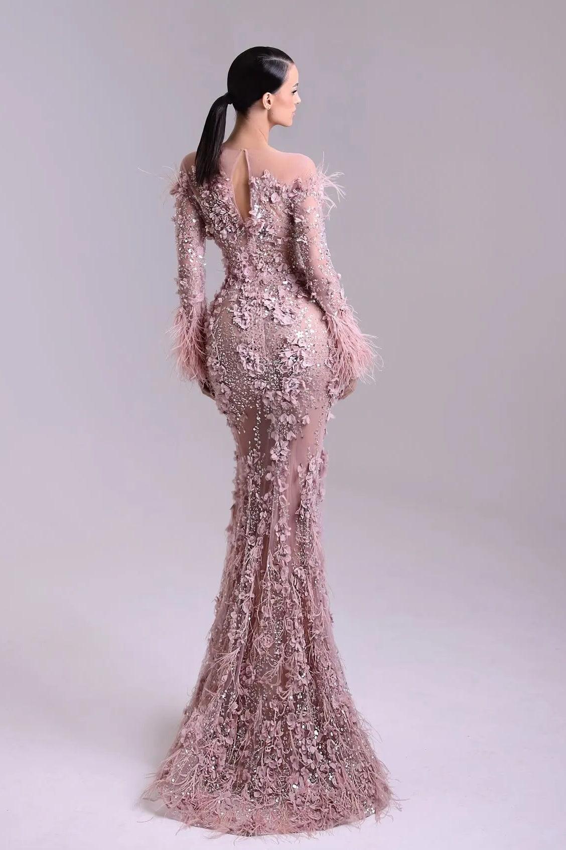 Dressystars Pink Long Sleeve Formal Dress Mermaid 3D Flower Prom Evening Dress with Feathers