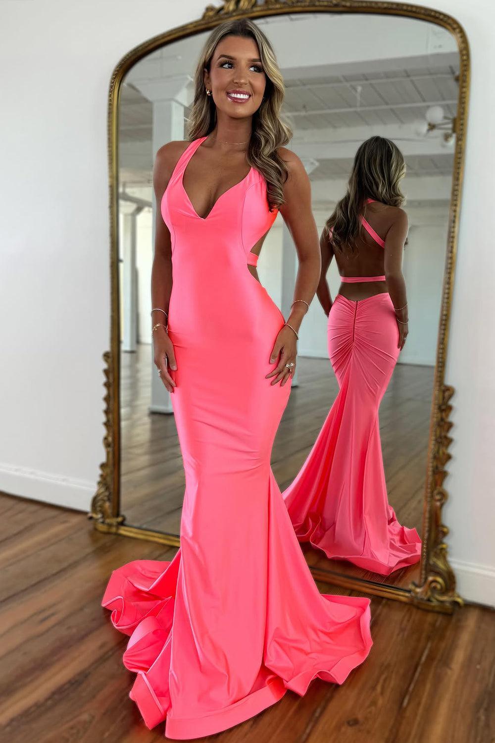 Dressystars Pink Mermaid V-Neck Prom Dress With Cross Back And Satin Finish Formal Evening Gown