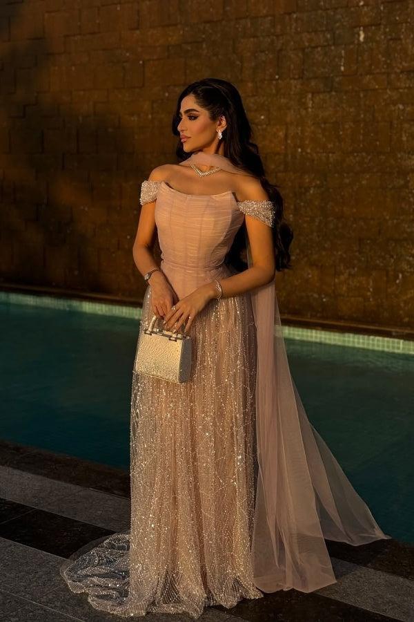 Dressystars Pink Off The Shoulder Beaded Formal Dress Sequined Tulle A Line Prom Evening Gown