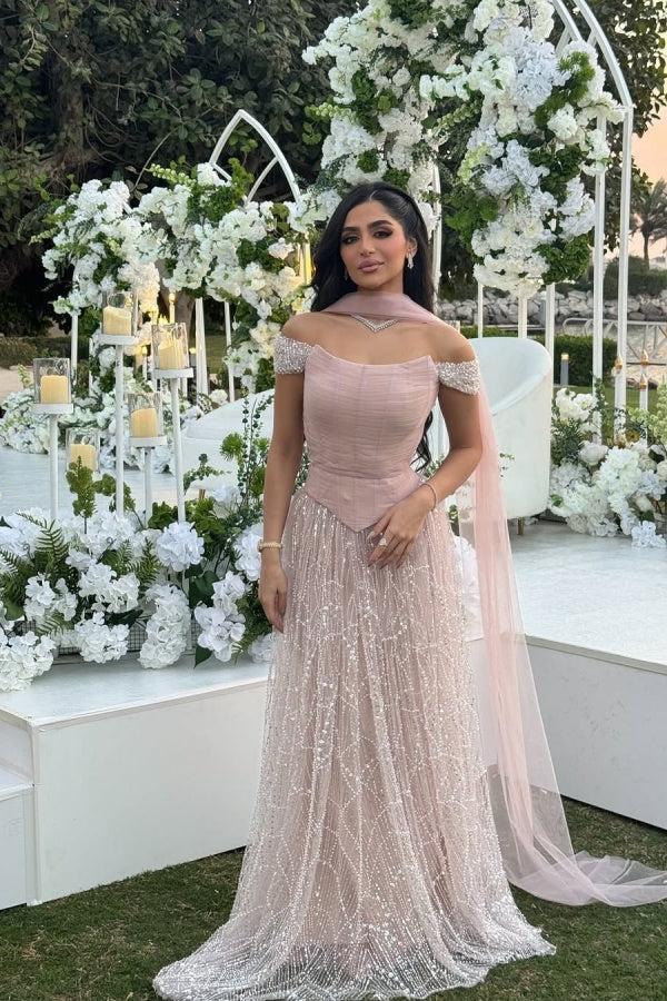 Dressystars Pink Off The Shoulder Beaded Formal Dress Sequined Tulle A Line Prom Evening Gown
