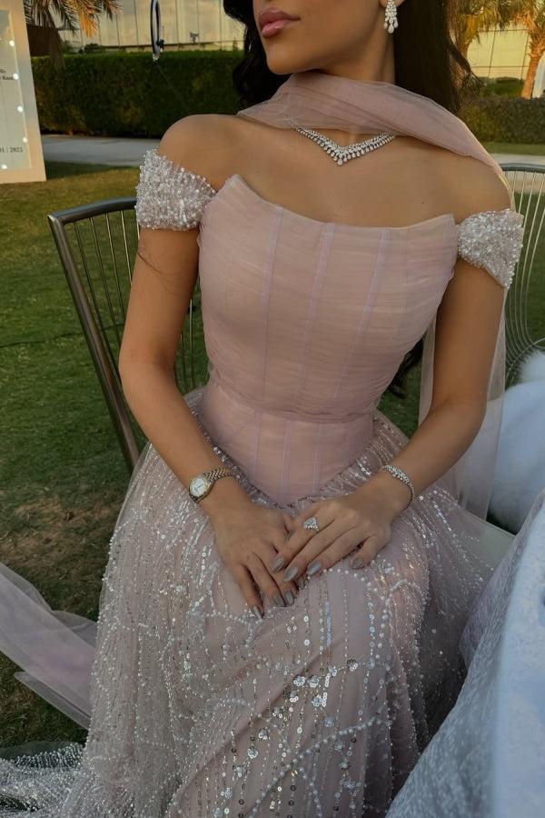 Dressystars Pink Off The Shoulder Beaded Formal Dress Sequined Tulle A Line Prom Evening Gown
