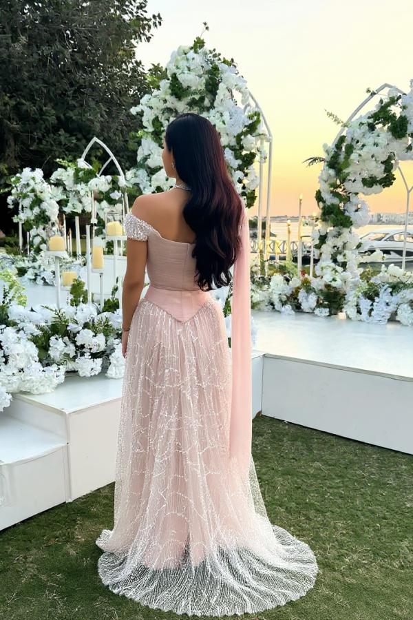 Dressystars Pink Off The Shoulder Beaded Formal Dress Sequined Tulle A Line Prom Evening Gown