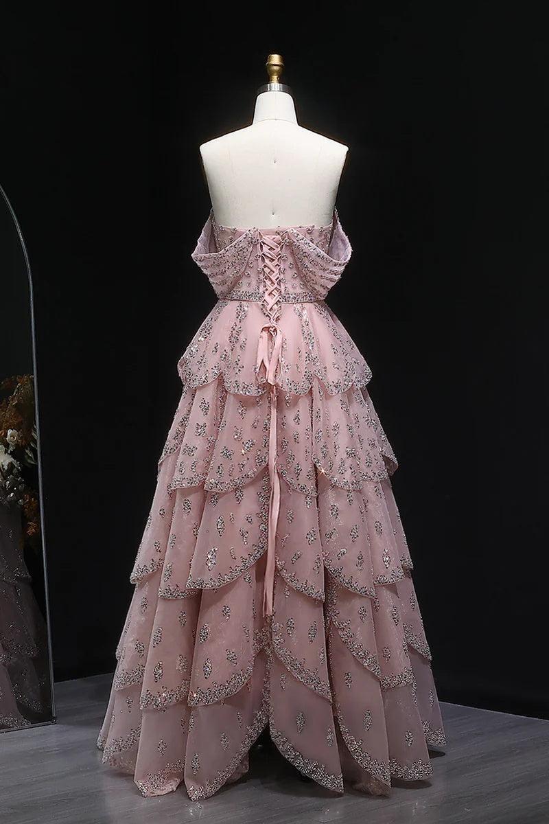 Dressystars Pink Off The Shoulder Prom Dress A Line Tiered Beaded Formal Dress