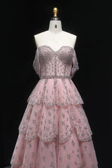 Dressystars Pink Off The Shoulder Prom Dress A Line Tiered Beaded Formal Dress