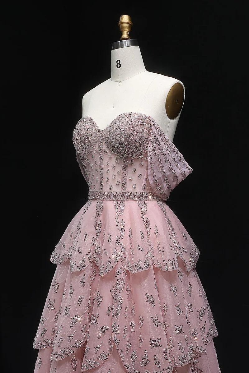 pink tiered formal dress Baby Pink Pleated Tiered Tulle A-line Formal Prom Dress main image 0