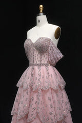 Dressystars Pink Off The Shoulder Prom Dress A Line Tiered Beaded Formal Dress
