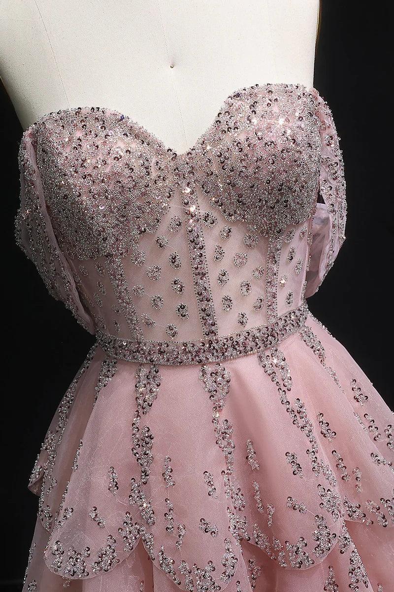 Dressystars Pink Off The Shoulder Prom Dress A Line Tiered Beaded Formal Dress