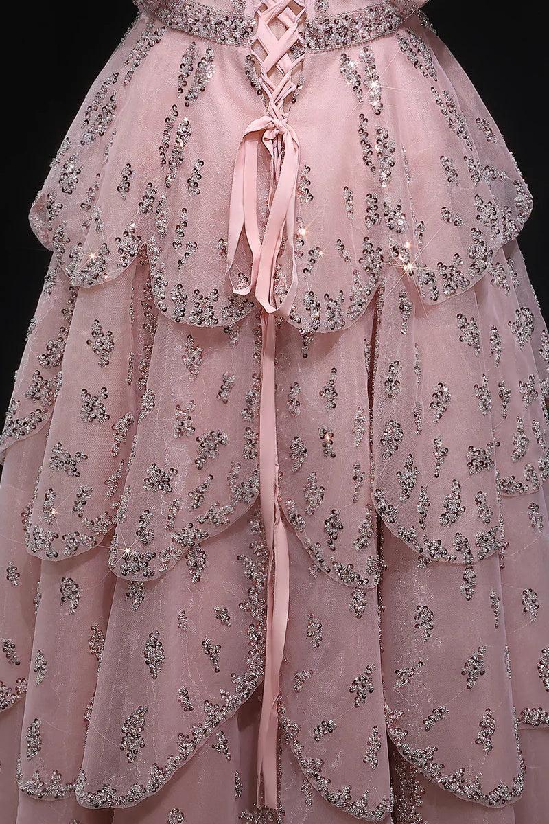 Dressystars Pink Off The Shoulder Prom Dress A Line Tiered Beaded Formal Dress