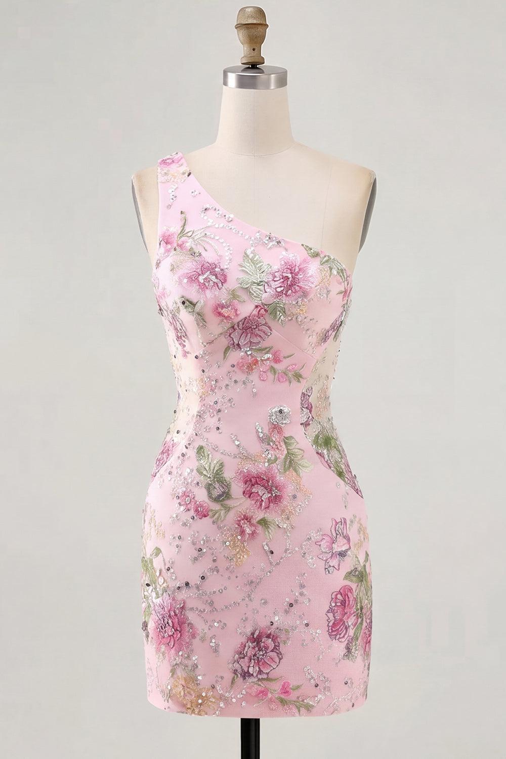 Dressystars Pink One-Shoulder Floral Beaded Tight Short Homecoming Dress