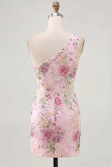 Dressystars Pink One-Shoulder Floral Beaded Tight Short Homecoming Dress