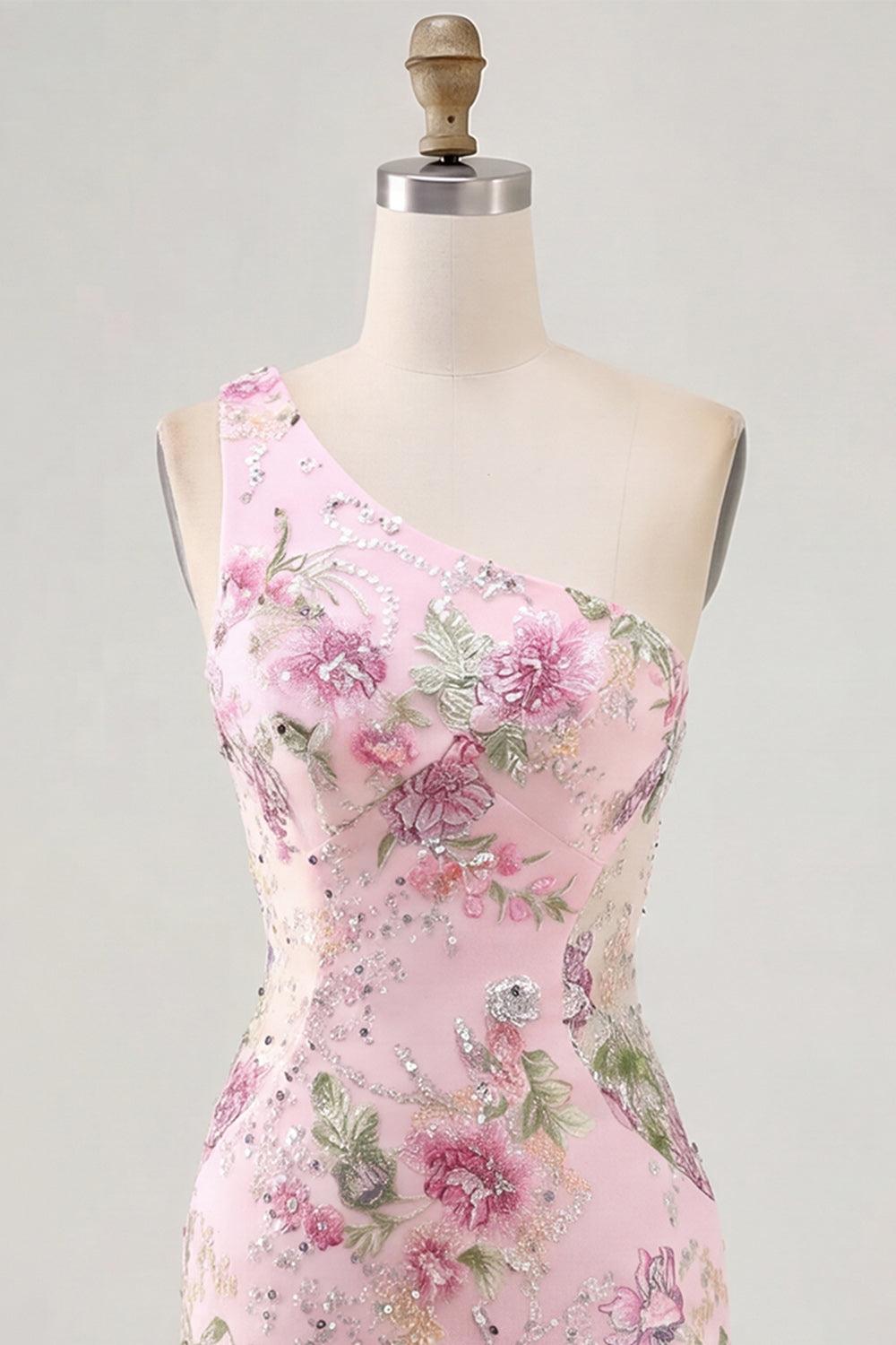 Dressystars Pink One-Shoulder Floral Beaded Tight Short Homecoming Dress