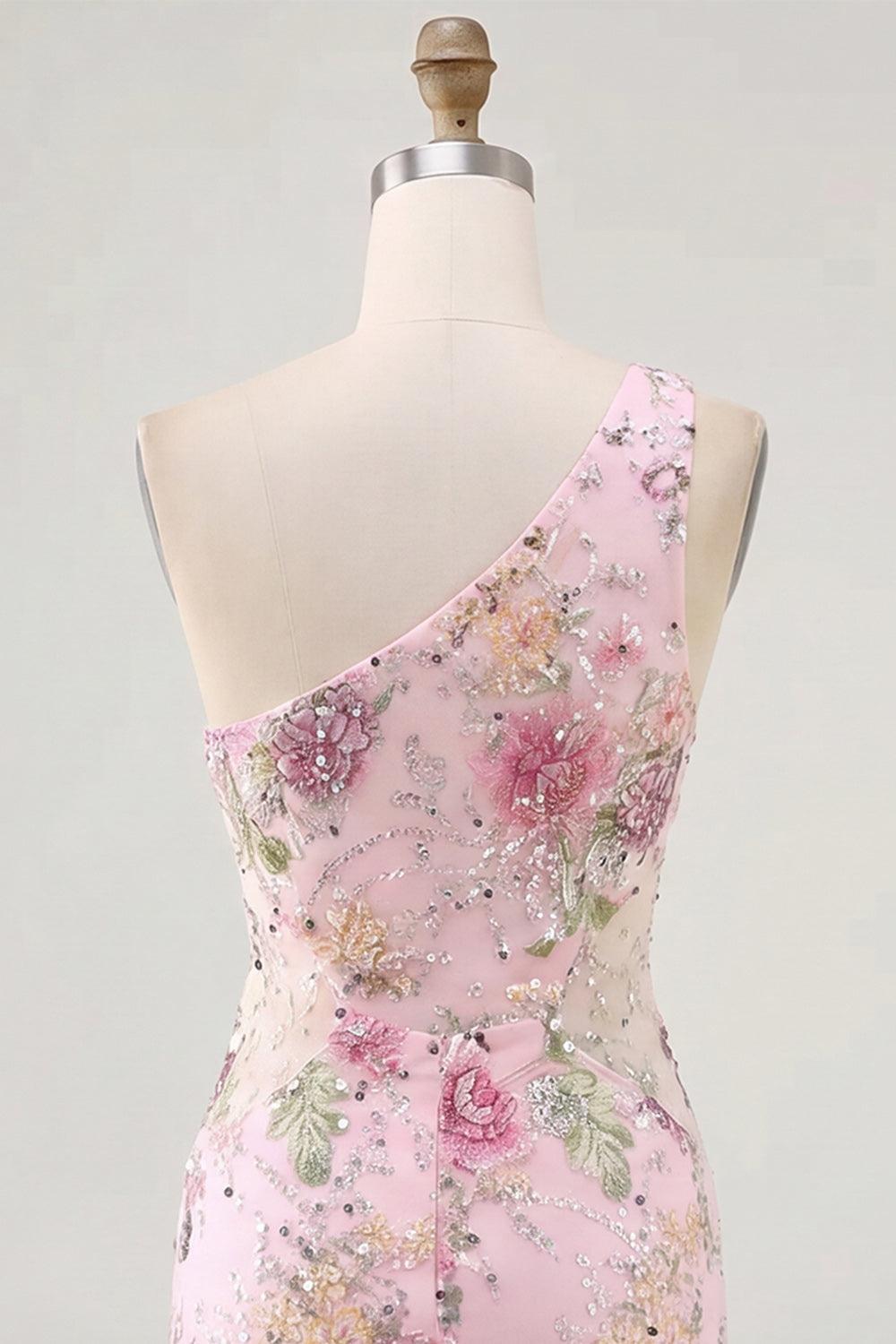 Dressystars Pink One-Shoulder Floral Beaded Tight Short Homecoming Dress