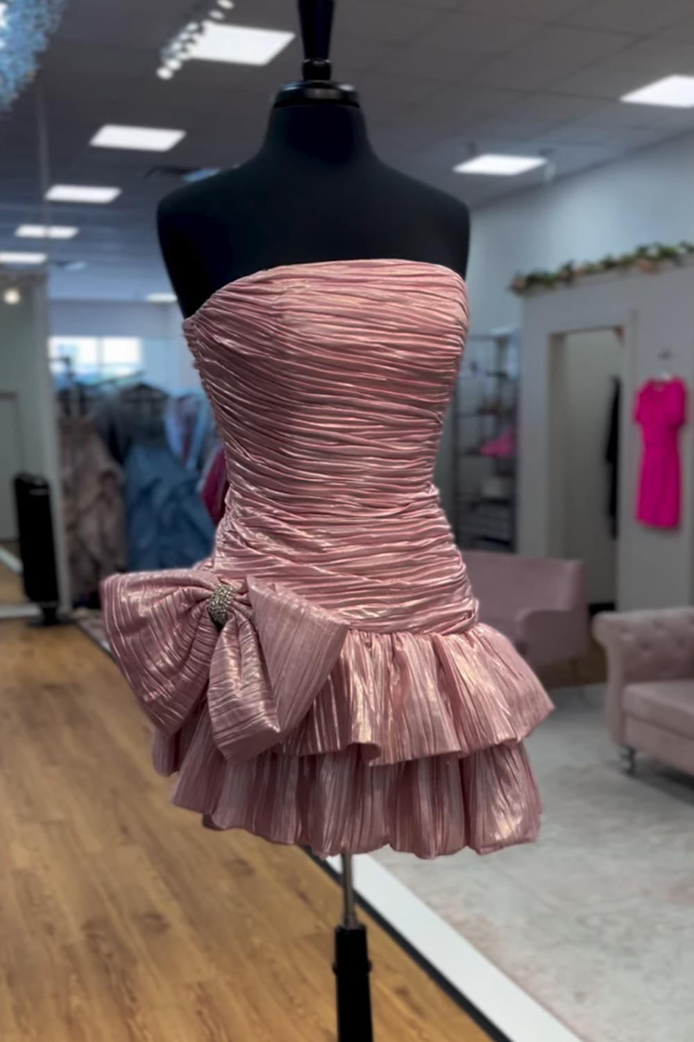 Dressystars Pink Pleated A Line Homecoming Dresses Short Cocktail Dresses With Bow