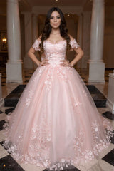 Dressystars Pink Quinceanera Dress Lace Appliques Ball Gown Off the Shoulder Sweet 16 Dress