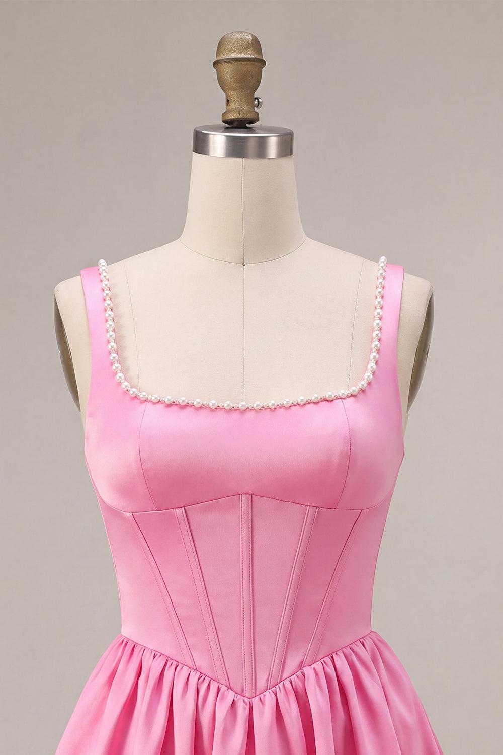 Dressystars Pink Satin A-Line Corset Beaded Short Homecoming Dress