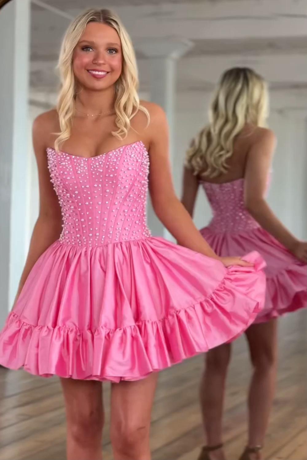 Dressystars Pink Satin Strapless Homecoming Dresses Ruffled Short Corset Cocktail Dresses With Pearls