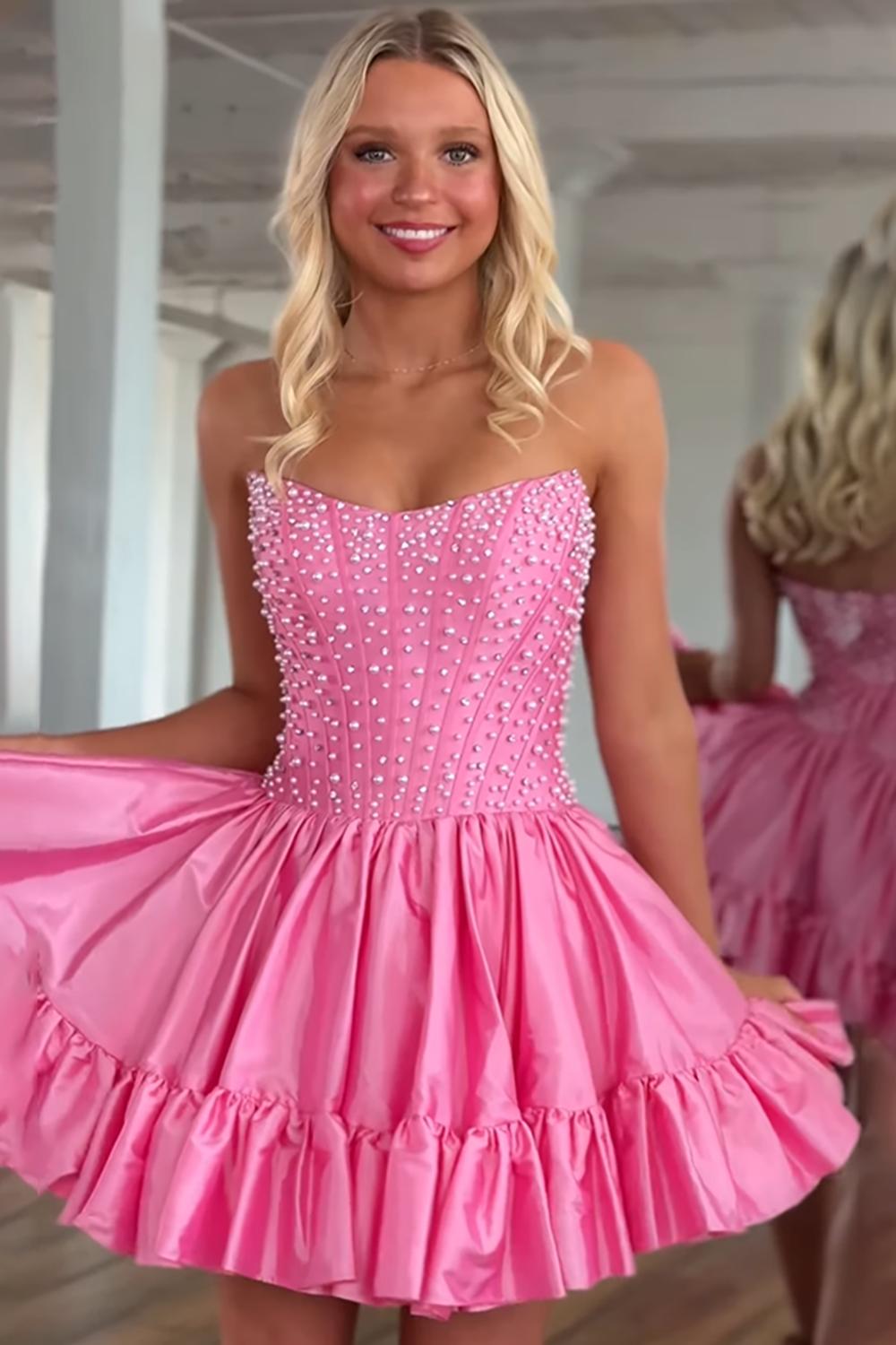 Dressystars Pink Satin Strapless Homecoming Dresses Ruffled Short Corset Cocktail Dresses With Pearls