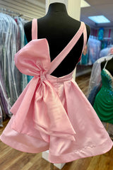 Dressystars Pink Satin V-Neck A Line Homecoming Dresses Short Corset Cocktail Dresses