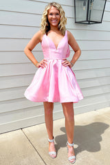 Dressystars Pink Satin V-Neck A Line Homecoming Dresses Short Corset Cocktail Dresses