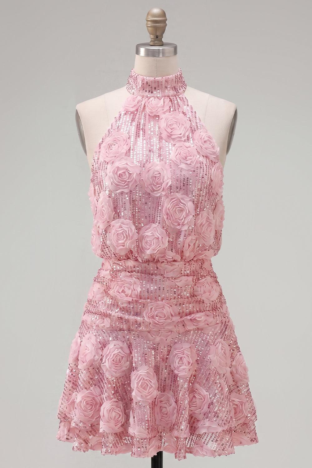 Dressystars Pink Sequin Floral A-Line Short Homecoming Dress with Ruffles