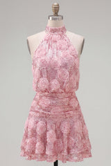 Dressystars Pink Sequin Floral A-Line Short Homecoming Dress with Ruffles