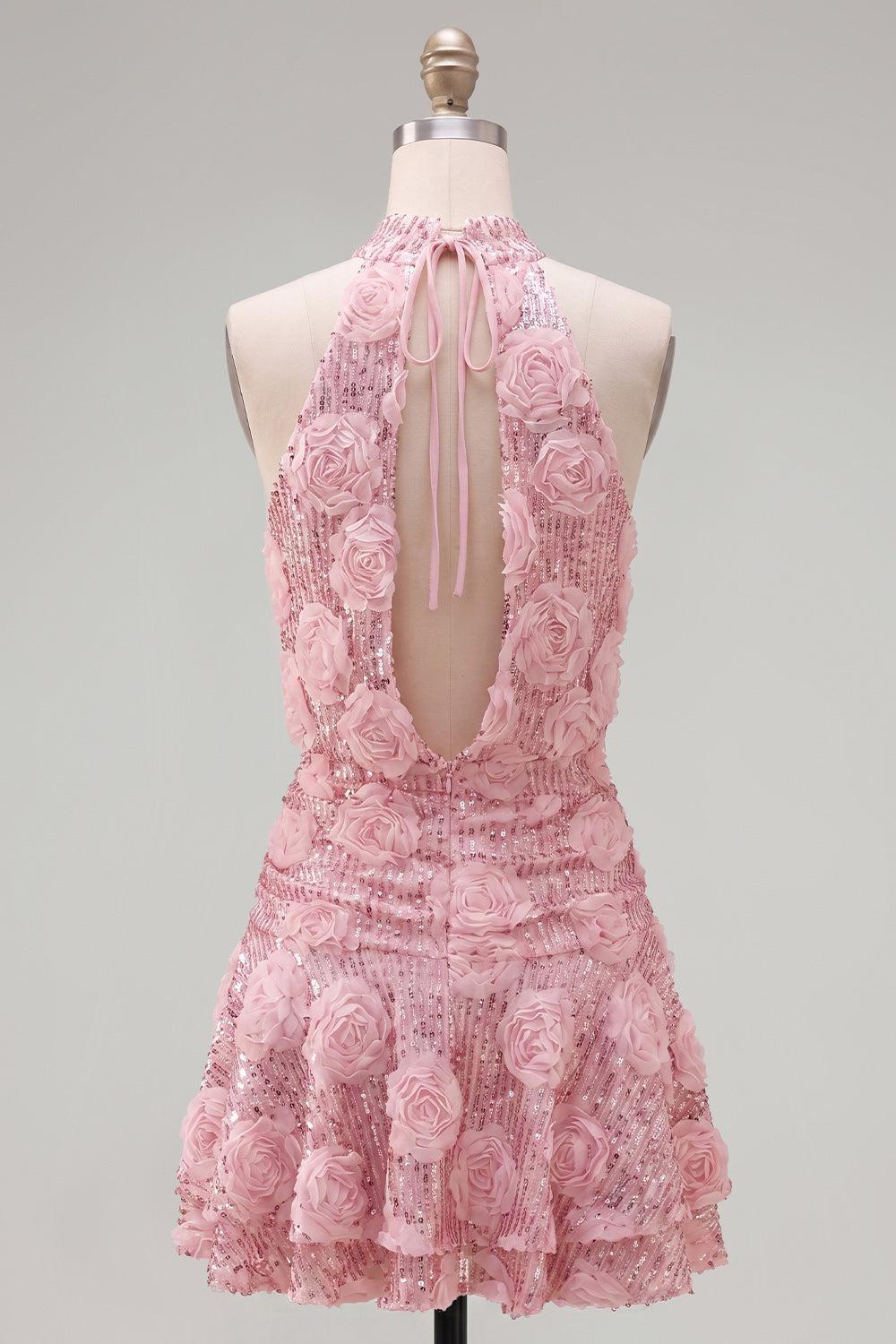 Dressystars Pink Sequin Floral A-Line Short Homecoming Dress with Ruffles