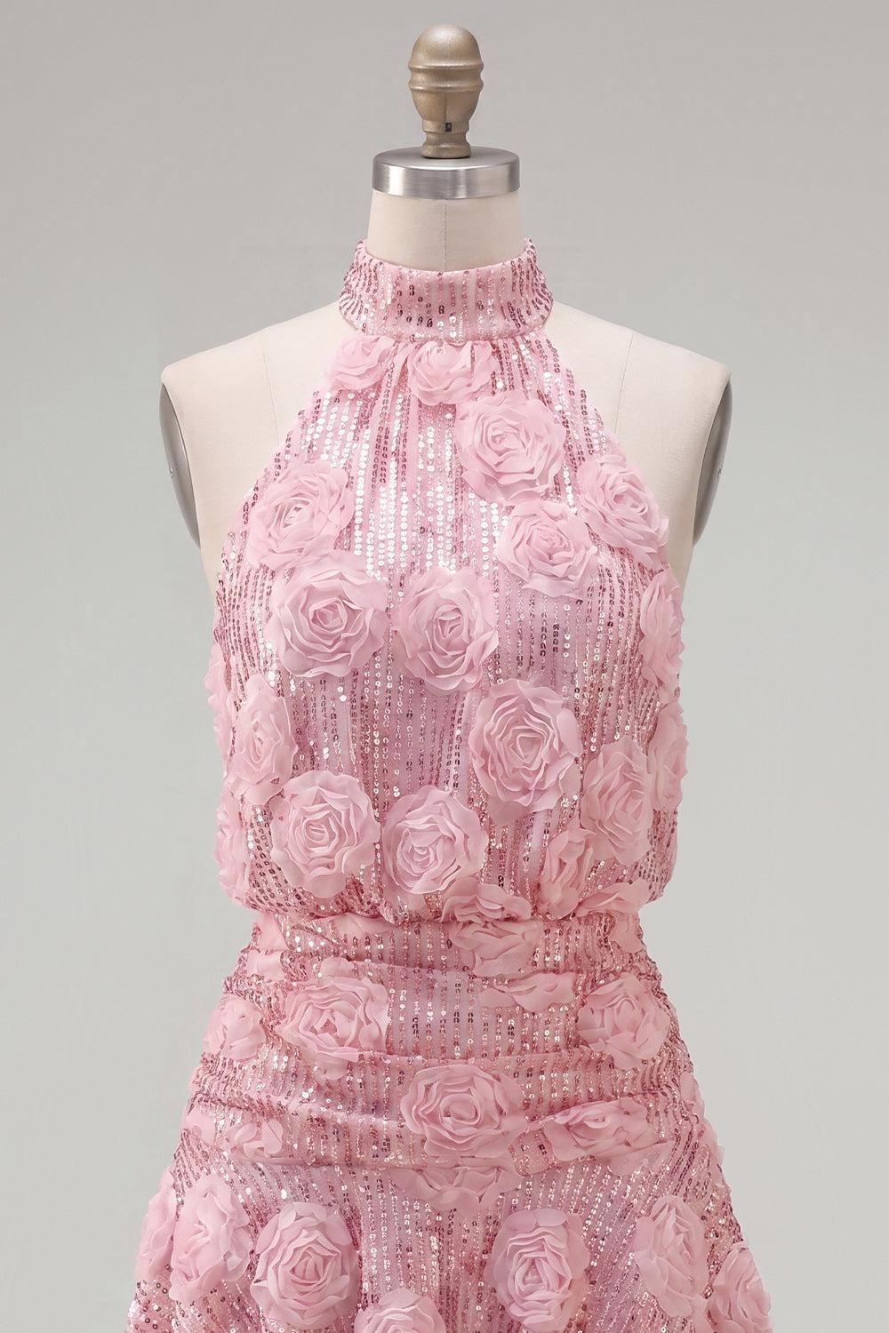 Dressystars Pink Sequin Floral A-Line Short Homecoming Dress with Ruffles