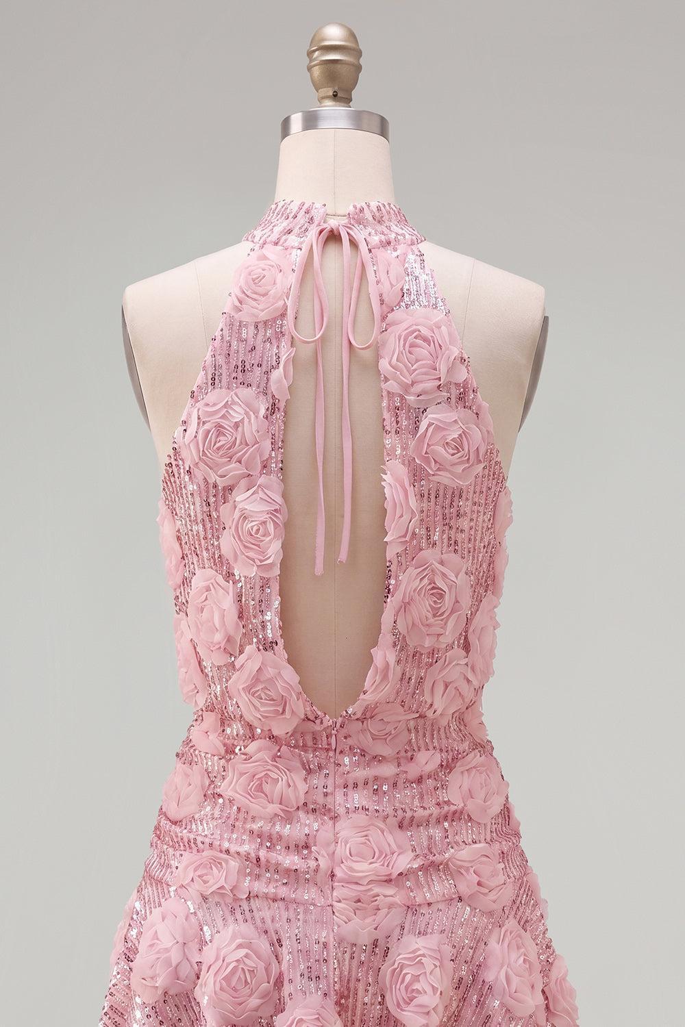 Dressystars Pink Sequin Floral A-Line Short Homecoming Dress with Ruffles