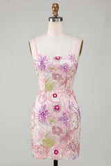 Dressystars Pink Sequin Floral Spaghetti Straps Tight Short Homecoming Dress